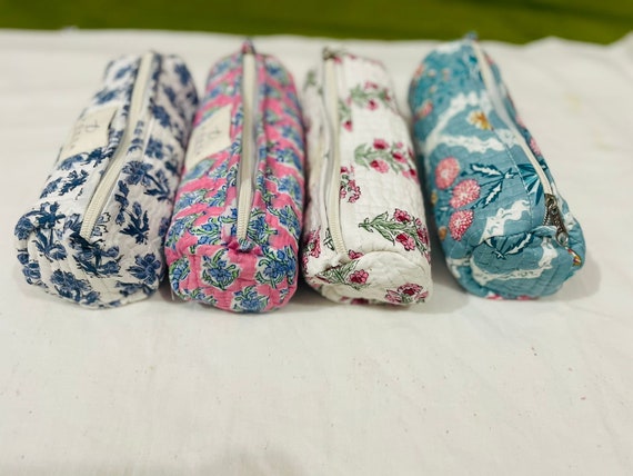 Block Printed Cotton Large Pencil Pouches Handmade Quilted Boho Pencil Bags  Gift for Student Unique Pen Pouch Organic Cotton Travel Bag 