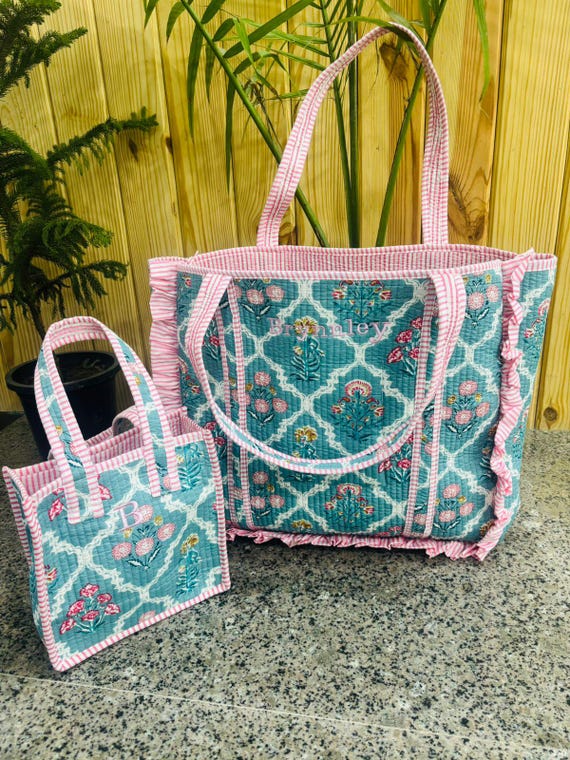 Quilted Cotton Block Print Tote Bag Set, Floral Frill Market Bag (Mini Size)