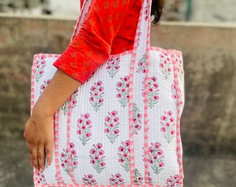 Embroidered Bridesmaid Tote Bag Quilted Personalized, Block Print Bridal Gift, Beach Bag Baby, Monogramed Floral Causal Boho Pool Tote Bag,
