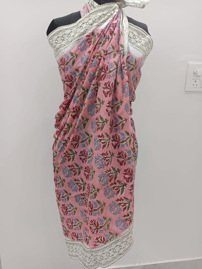 100% Cotton Hand Block Print Sarong: Bohemian Beach Cover-up, Lightweight Pareo, Resort Wear pattern 13