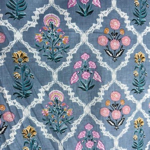 May include: Close-up of a blue fabric with a repeating floral pattern. The design features stylized flowers in pink, yellow, and orange, set against a blue background. The flowers are framed by a white, ornate lattice.