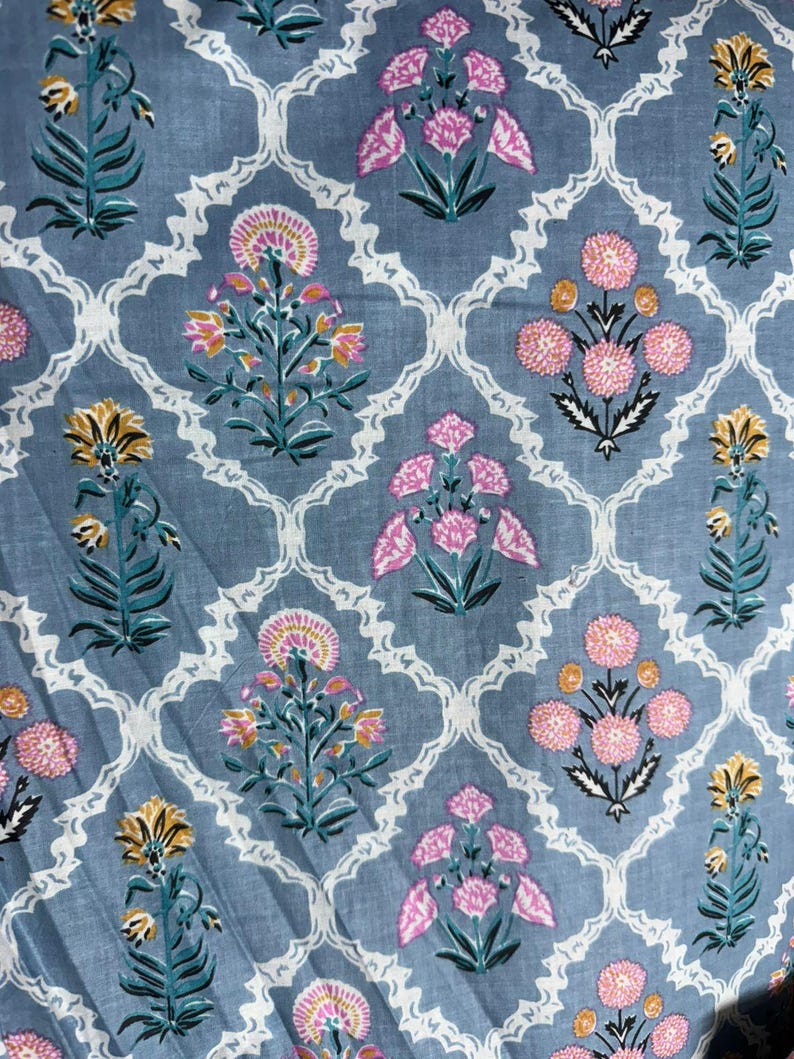 May include: Close-up of a blue fabric with a repeating floral pattern. The design features stylized flowers in pink, yellow, and orange, set against a blue background. The flowers are framed by a white, ornate lattice.
