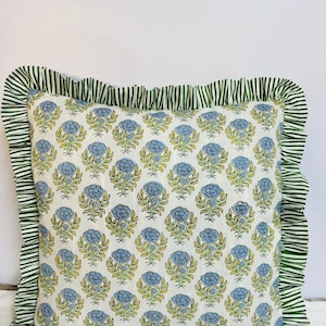 Hand Block Ruffle Pillow Covers | Floral Print Cotton Cushion Cover With Frill Handmade Cotton Bed Throw Pillows, Sofa Cushion Gift for Home