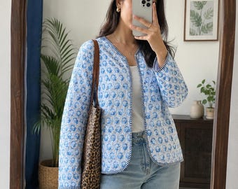 Block Print Quilted Cotton Jacket: Vintage Floral Bohemian