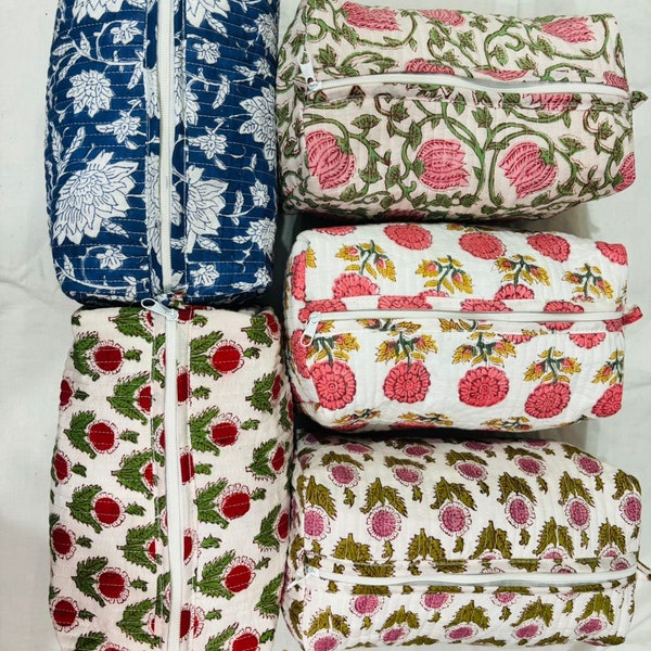 Bolso de maquillaje floral vintage, bolso cosmético de algodón acolchado boho, bolso de tocador con estampado de bloques para mujeres, organizador cosmético hecho a mano, regalos de bolsa de viaje