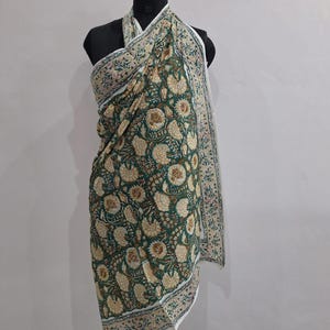 Hand Block Print Cotton Sarong | White Floral Beach Cover-up, Yellow Border image 6