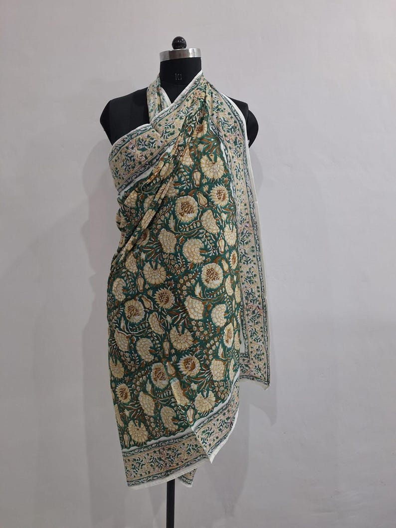 Hand Block Print Cotton Sarong | White Floral Beach Cover-up, Yellow Border image 6