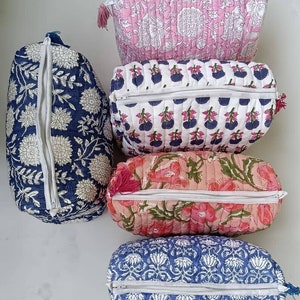 Vintage Indische Block Print Große Kulturtasche, Bunte Schminktasche Gesteppte Stoff Kosmetiktasche Kulturbeutel