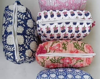 Vintage Indiase blokprint grote toilettas, kleurrijke make-up tas gewatteerde stof cosmetische tas toilettas reistas