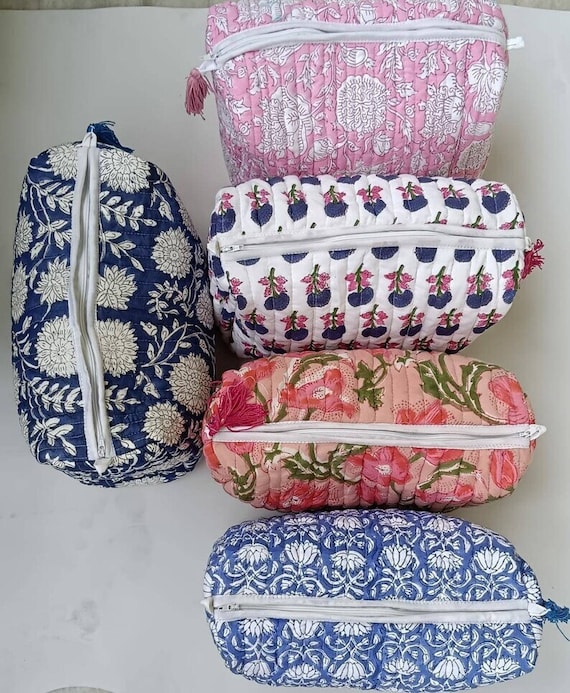 Large Cotton Quilted Block Printed Wash Bag Ideal Gift Handmade Toiletry  Bag Cosmetic Bag Block Print Travel Accessory Holiday 