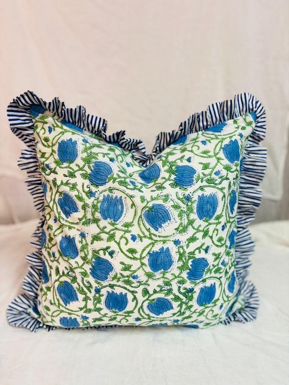Indian Hand Block Printed Cotton Cushion Cover with Frill, Colorful Floral Sofa Décor Cushion Case, Lightweight Home Décor Zip Pillow Cover