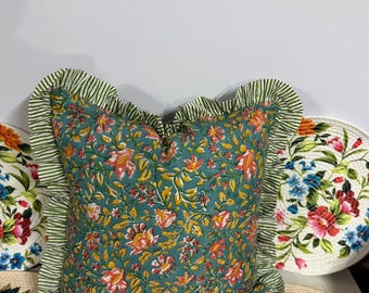 Block Print Baumwolle Frill Kissenbezug, Boho Blumenkissen, Wohnzimmer Home Decor