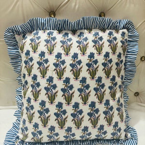 Frill Floral Cushion Cover in Hand Block Print Cotton Square / Rectangular striped ruffle Bohemian Pillow Covers Boho Trim Pillows Cushion