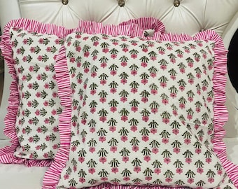 Frill Floral Cushion Cover in Hand Block Print Cotton Square / Rectangular striped ruffle Bohemian Pillow Covers Boho Trim Pillows Cushion