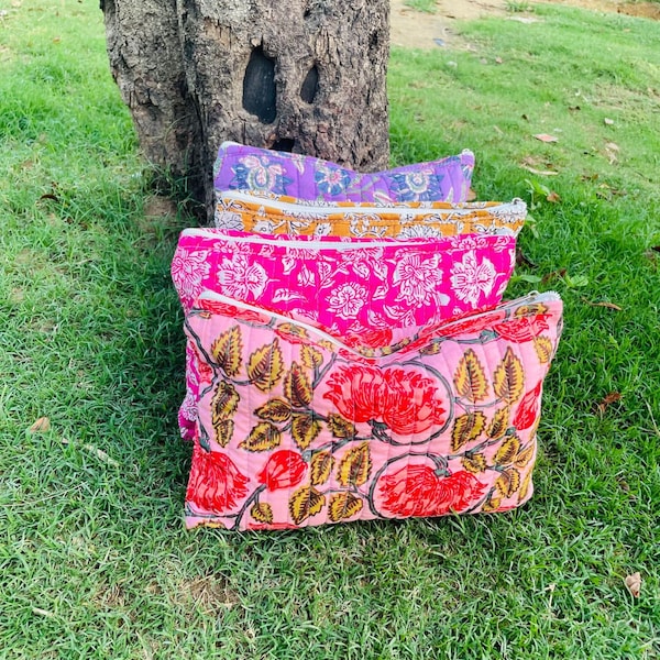 Vintage Indian block Print Large Toiletry Bag, Colorful Make Up Bag Quilted Fabric Cosmetic Bag Toiletry Travel Pouch