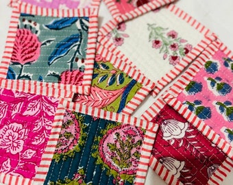 Cotton Quilted Coasters: Bohemian Fabric Tea Coasters - Set of 4 pcs, Handmade Dinning Table Décor Coaster, Reusable Gift For Mom