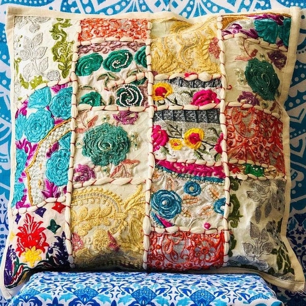 Handmade Patchwork Cushion Cover, Indian Bohemian Style Patchwork Cushion Cover, Sofa Cushion Cover, Bedroom Cushion Cover,Room Home Decor