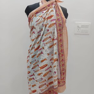 手染めコットンサロン、花柄プリントビーチカバーアップ、ヘッドラップ、パレオ pattern 3