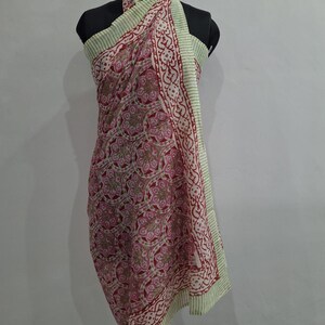 Hand Block Print Cotton Sarong | White Floral Beach Cover-up, Yellow Border Pattern 19
