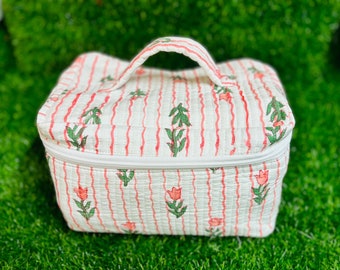 Bolsa de artículos de tocador grande con estampado de bloques indios vintage, bolsa de maquillaje colorida, bolsa de cosméticos de tela acolchada, bolsa de viaje para artículos de tocador