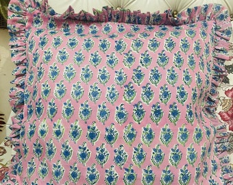 Hand block printed Indian Frill Cushion Cover 100% Cotton Pillow Covers Handmade Raffle bohemian pillows 20 x 20, 16 x 26 boho throw pillows