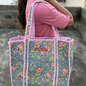 Embroidered Cotton Quilted Bag, Block Print Tote Bag for Women, Boho Travel Bag, Handmade Shoulder Purse, Large Floral Weekender, Bridesmaid
