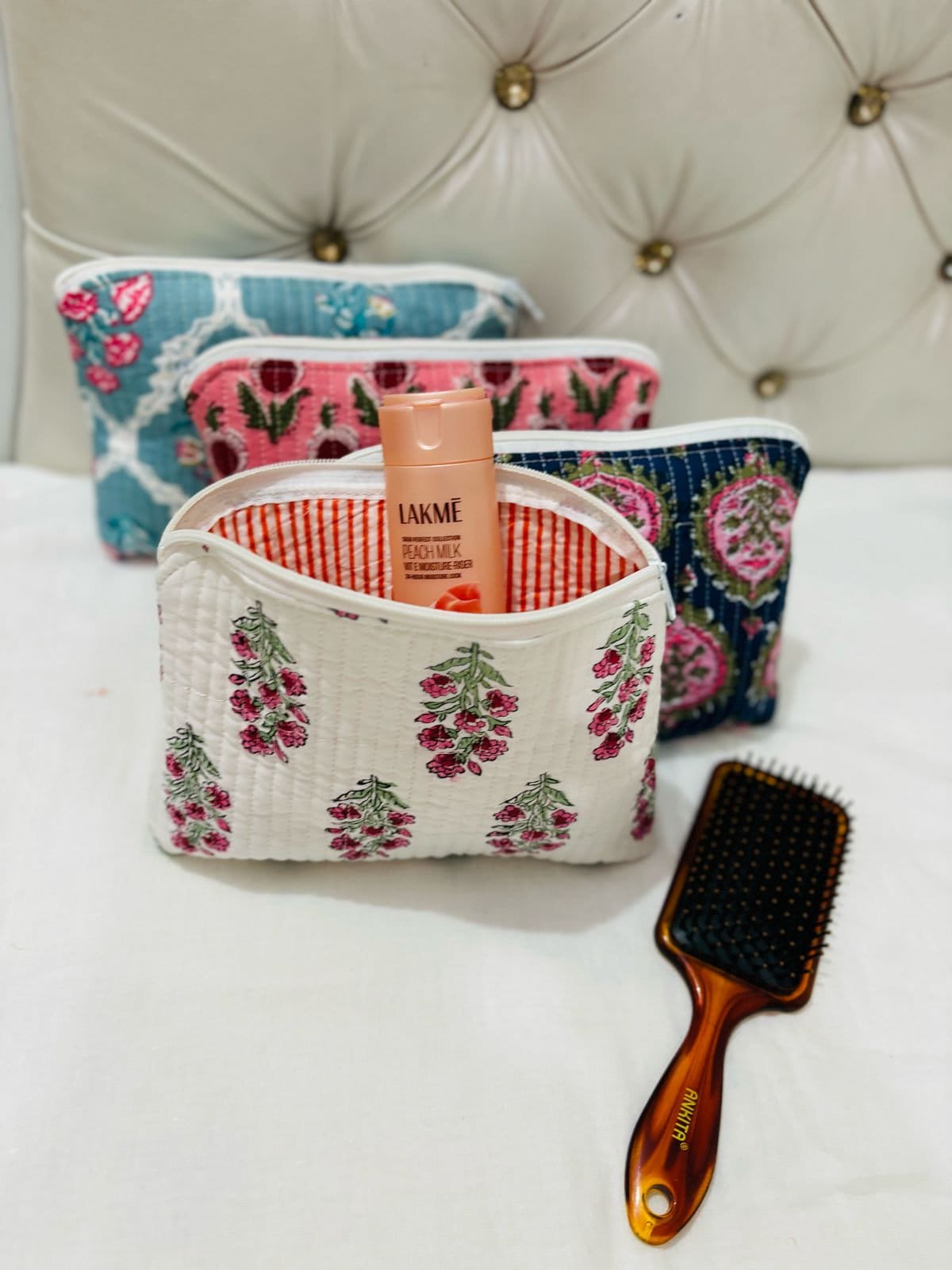 Vintage Indian block Print Large Toiletry Bag, Colorful Make Up Bag Quilted Fabric Cosmetic Bag Toiletry Travel Pouch