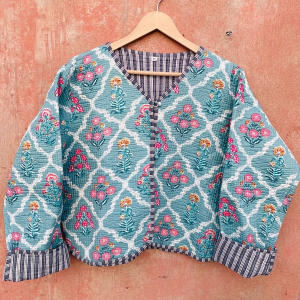 Vintage Inspired Floral Boho Women's Quilted Jacket Indian Block Printed Cotton Bridal Quilted Jacket Women, Long Sleeve Cotton Short Coat,