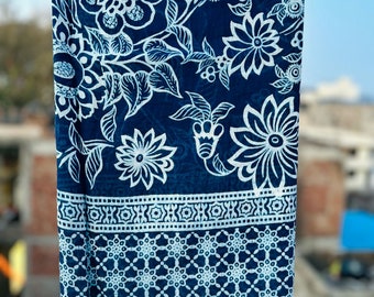 Blue Indigo Printed Cotton Handmade Sarong - 100% Cotton Block Print Pareo,  Bikini Coverup Sarongs, Beach Wear Large Pareo, Neck wrap Scarf