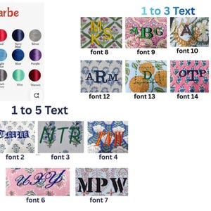 May include: A product image showcasing embroidery thread color options and monogram font styles. The color chart displays various thread colors, including white, black, red, and purple. Several monogram examples are shown with different fonts and patterns.