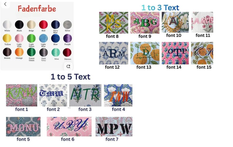 May include: A product image showcasing embroidery thread color options and monogram font styles. The color chart displays various thread colors, including white, black, red, and purple. Several monogram examples are shown with different fonts and patterns.