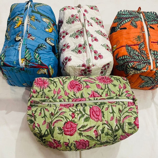 Vintage Indian block Print Large Toiletry Bag, Colorful Make Up Bag Quilted Fabric Cosmetic Bag Toiletry Travel Pouch