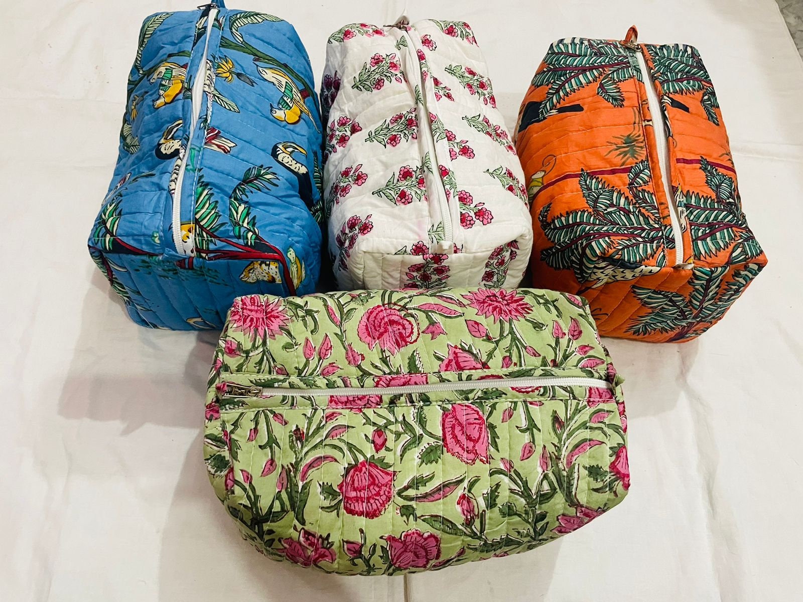 Block Print Designer Toiletry Bag & Makeup Case - Boho Floral Quilted Pouch  for Cosmetics, Skincare - Large Waterproof Lined Organizer for Diaper Bag