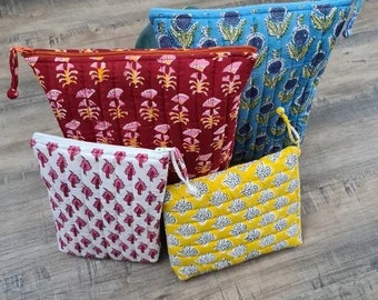 Petites pochettes en tissu matelassées imprimées à la main, pochette en coton à fermeture éclair faite main, porte-monnaie en tissu, porte-cartes, maquillage