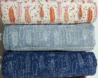 Bellissima trapunta Kantha con stampa di pesci, trapunta Kantha con stampa a blocchi indiana, copriletto reversibile in cotone, misura doppia, Kantha Gudri vintage