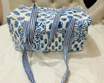 Large Cotton Quilted Duffel Bags Handprinted Blue Floral Quilted Fabric Weekender Bags For Women's Block Print Shoulder Bag Holiday Gifts