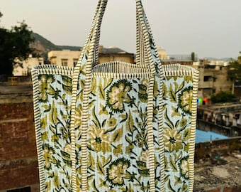 block printed large cotton quilted women tote bags, vintage floral shopping bags, gift for her, ladies handbags beach bag anniversary gifts