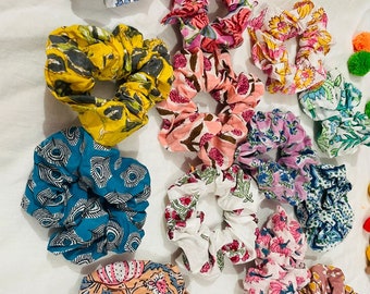 Bohemian Vintage Block-print Fabric Scrunchies Unique Gifts Handmade Cotton Hair Scrunchies Boho Floral Prints Scrunchies for Women