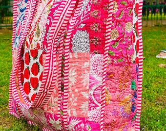 Handmade Pink Patchwork Quilted Tote Bag: Floral Block Print