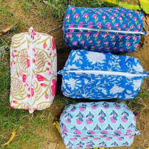 Large Cotton Quilted Block Printed Wash Bag | Ideal Gift | Handmade | Toiletry Bag | Cosmetic Bag Block Print Travel Accessory Holiday