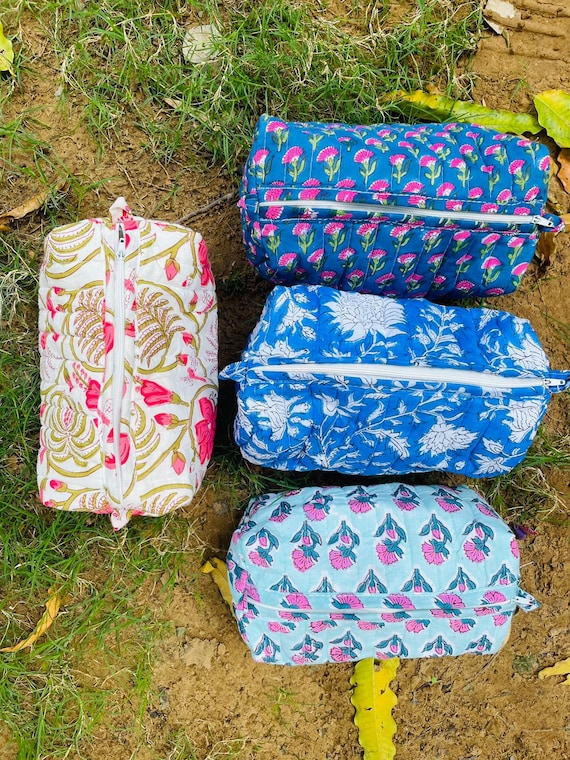 Large Cotton Quilted Block Printed Wash Bag Ideal Gift Handmade Toiletry  Bag Cosmetic Bag Block Print Travel Accessory Holiday 