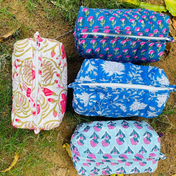 Large Cotton Quilted Block Printed Wash Bag | Ideal Gift | Handmade | Toiletry Bag | Cosmetic Bag Block Print Travel Accessory Holiday