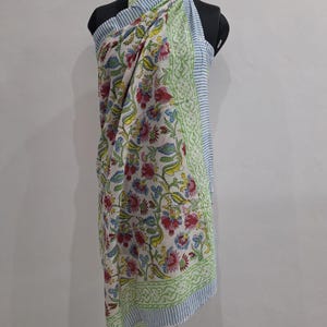 Hand Block Print Cotton Sarong | White Floral Beach Cover-up, Yellow Border pattern 8