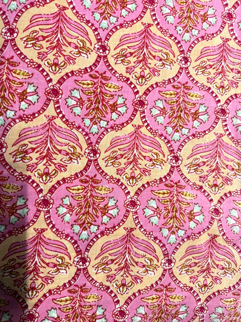 Pu&ograve; includere: Primo piano di un tessuto con un motivo floreale ripetuto. Il design presenta colori rosa, rosa chiaro e beige. Gli elementi floreali includono foglie e fiori stilizzati, creando un tessuto ornato e decorativo.