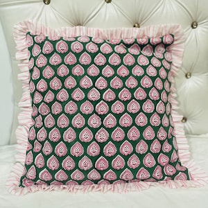 Indian handmade Block print pink strip With Green Raffle Cushion Boho Frill Pillow Covers Home decor bohemian pillows hippie pillowcase