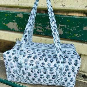 Handprinted Floral Quilted Cotton Duffel Bag: Women&#39;s Weekender