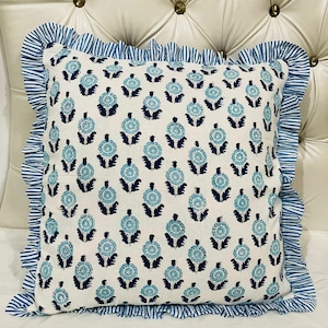 Hand Block Print Floral Pillow Cover: Striped Ruffle Boho Cushion