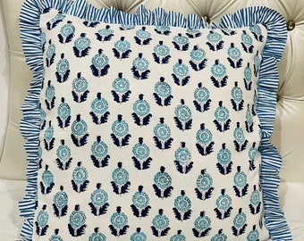 Frill Floral Cushion Cover in Hand Block Print Cotton Square / Rectangular striped ruffle Bohemian Pillow Covers Boho Trim Pillows Cushion