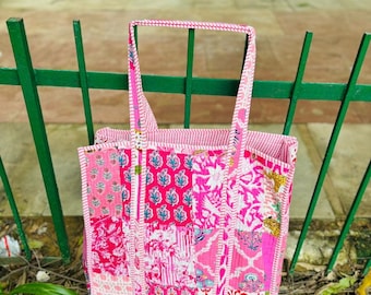 Cotton Quilted Tote Bag: Floral Patchwork Boho Weekender