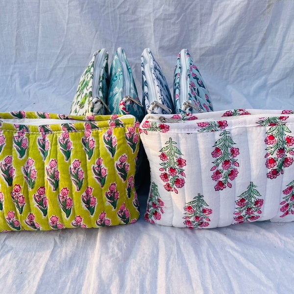 Vintage Indian block Print Large Toiletry Bag, Colorful Make Up Bag Quilted Fabric Cosmetic Bag Toiletry Travel Pouch